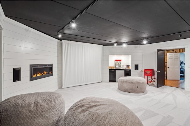 carpeted living room featuring rail lighting