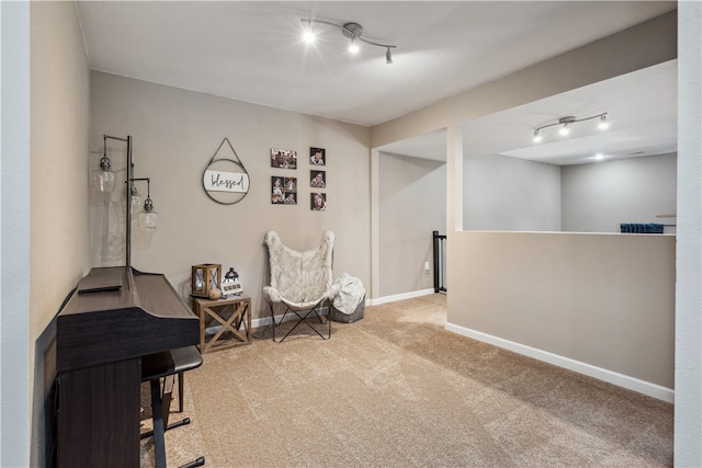 sitting room featuring light carpet and track lighting