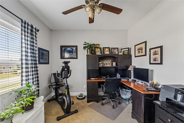 carpeted office space with ceiling fan