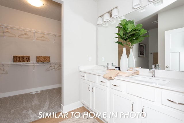 1303 NW Benjamin Dr, Ankeny, IA 50023 - bathroom featuring a walk in closet, baseboards, a sink, and double vanity