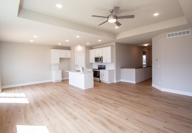 1303 NW Benjamin Dr, Ankeny, IA 50023 - unfurnished living room with light wood finished floors, a sink, baseboards, visible vents, and a ceiling fan