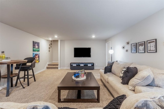 living room featuring light carpet