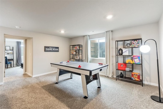 game room with light carpet