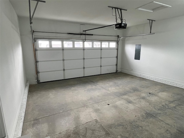 garage with electric panel and a garage door opener