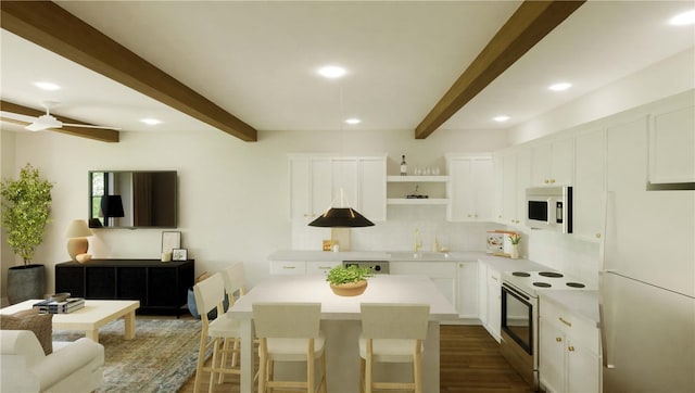 kitchen featuring white appliances, tasteful backsplash, beamed ceiling, ceiling fan, and white cabinets