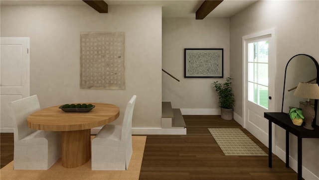 dining area featuring beamed ceiling and dark hardwood / wood-style floors