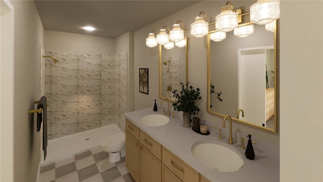 bathroom featuring toilet, a notable chandelier, dual bowl vanity, tile patterned flooring, and walk in shower