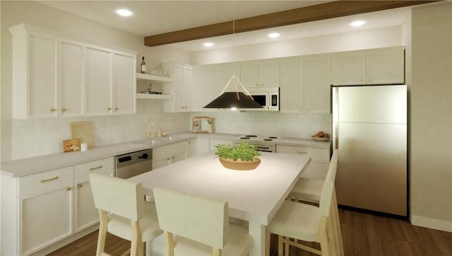kitchen with open shelves, a sink, white appliances, beam ceiling, and decorative backsplash