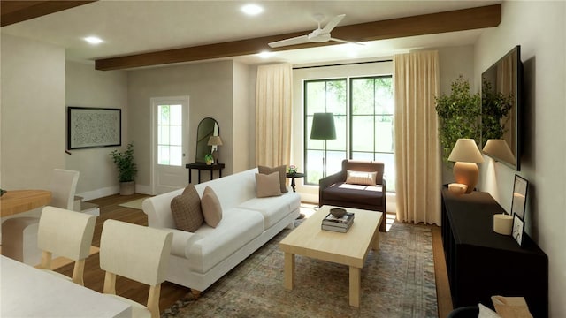 living room featuring baseboards, a ceiling fan, beam ceiling, recessed lighting, and wood finished floors