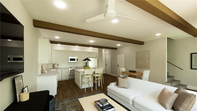 living area featuring stairway, dark wood-type flooring, a ceiling fan, and beam ceiling