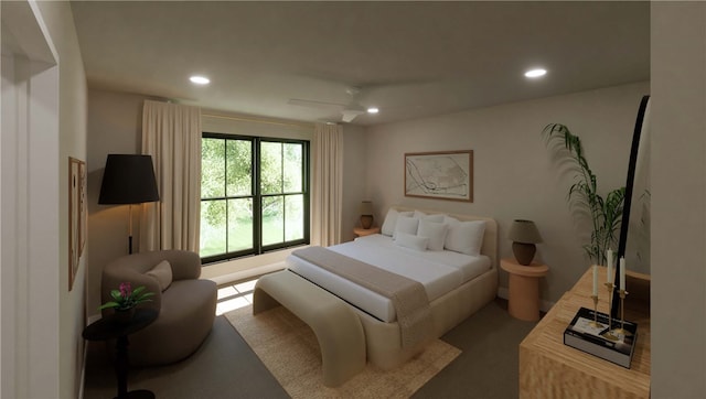 bedroom with carpet floors, a ceiling fan, and recessed lighting