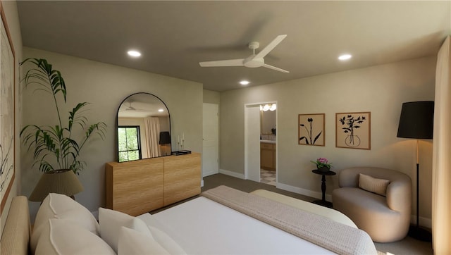 carpeted bedroom featuring ceiling fan, connected bathroom, baseboards, and recessed lighting
