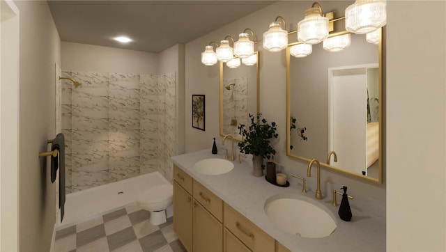 full bath featuring toilet, a stall shower, double vanity, and a sink