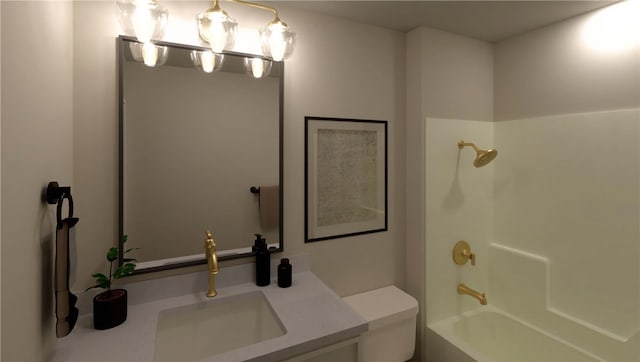 bathroom with toilet, vanity, and washtub / shower combination
