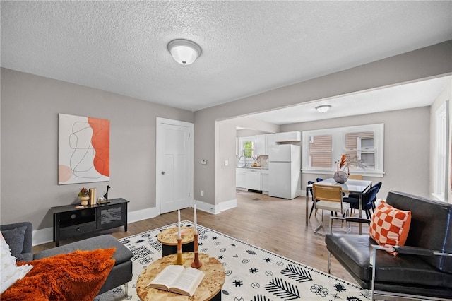 living room featuring a textured ceiling and light hardwood / wood-style floors