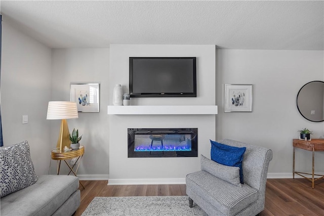 living room featuring wood-type flooring and a textured ceiling