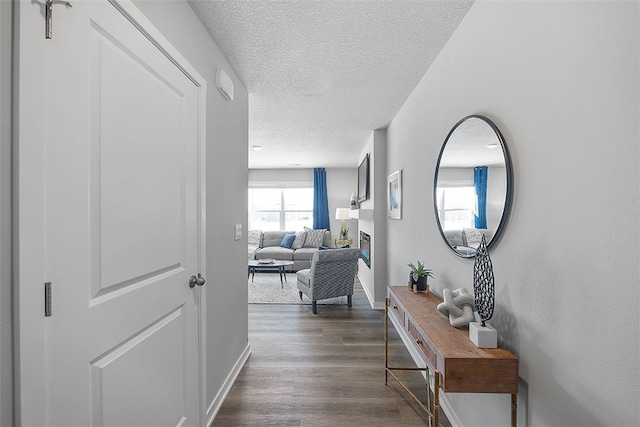 hallway featuring a textured ceiling and dark hardwood / wood-style flooring