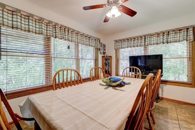 tiled dining space with ceiling fan and a healthy amount of sunlight