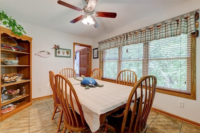 tiled dining space featuring ceiling fan