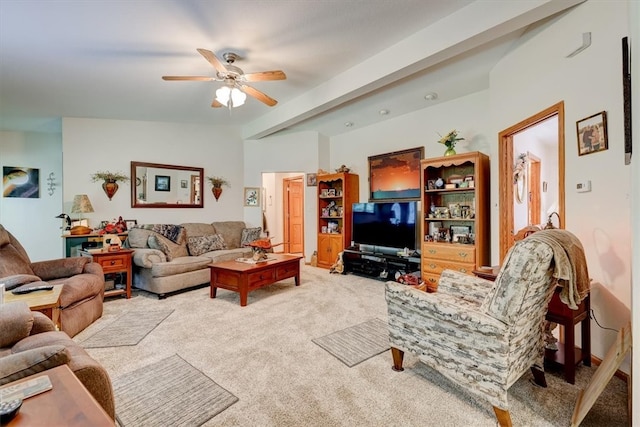 carpeted living room featuring ceiling fan