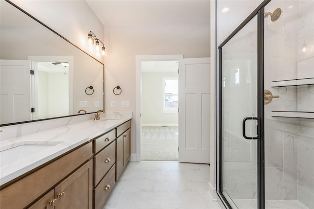 bathroom featuring vanity and walk in shower