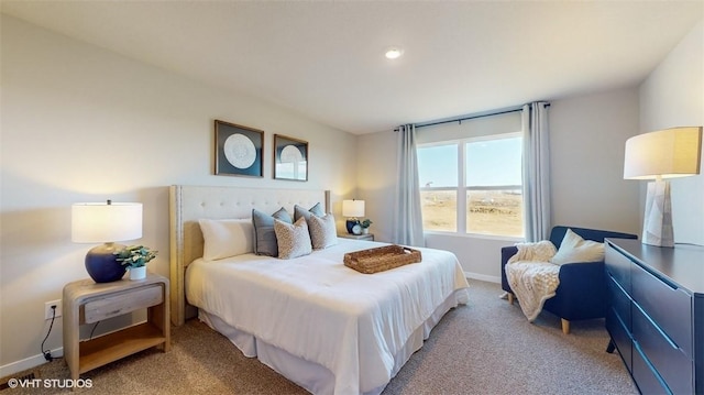 bedroom with light colored carpet