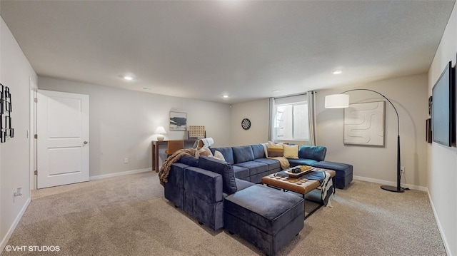 living room featuring light carpet