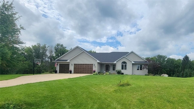 single story home with a front yard and a garage