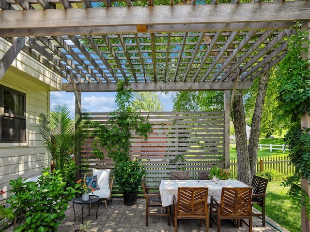 view of patio / terrace with outdoor dining area, fence, and a pergola