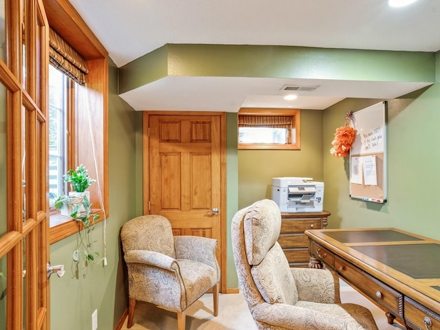 carpeted home office featuring visible vents