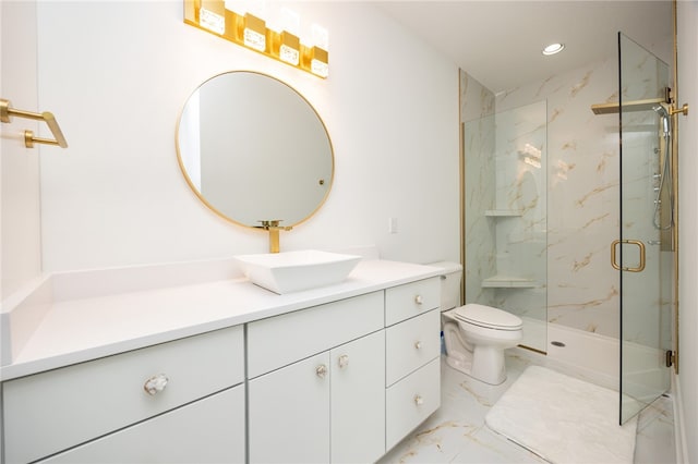 bathroom featuring toilet, vanity, walk in shower, and tile patterned floors