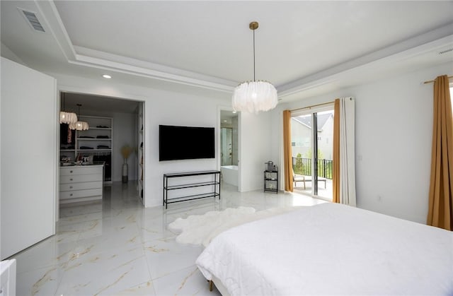 bedroom featuring marble finish floor, a tray ceiling, visible vents, a chandelier, and access to outside
