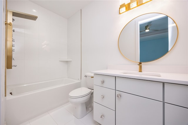 full bathroom with toilet, vanity, tile patterned flooring, tiled shower / bath, and ceiling fan