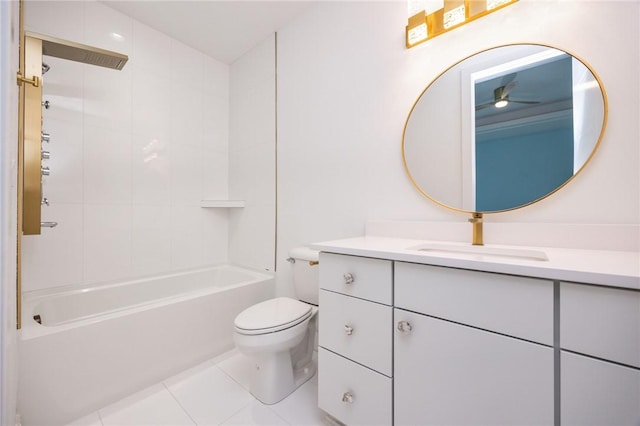 bathroom with toilet, bathtub / shower combination, a ceiling fan, tile patterned flooring, and vanity