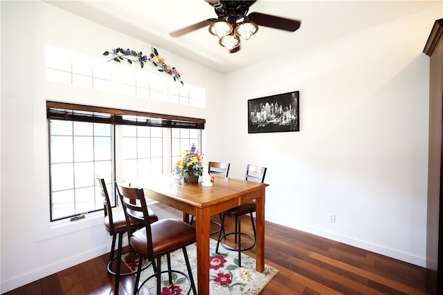 dining area featuring ceiling fan, a healthy amount of sunlight, and dark hardwood / wood-style floors