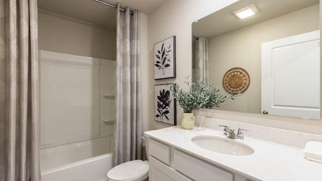 bathroom with toilet, shower / bathtub combination with curtain, and vanity