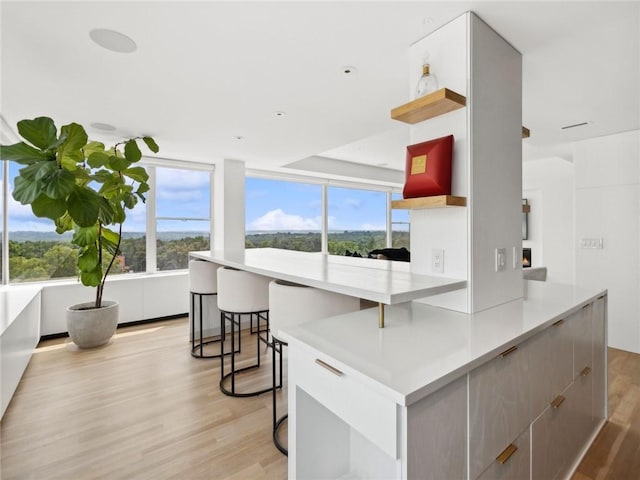 kitchen with white cabinetry, light wood-type flooring, a kitchen breakfast bar, and a spacious island