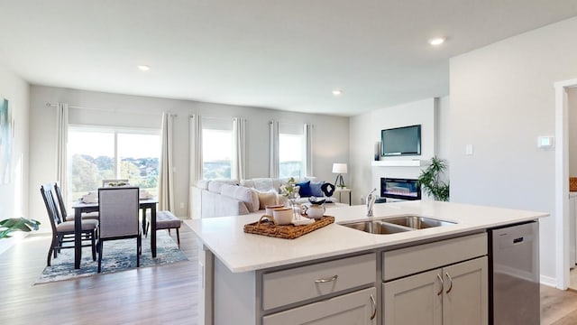 kitchen featuring light wood finished floors, open floor plan, stainless steel dishwasher, and a sink