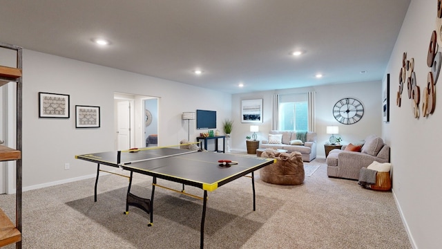 rec room with recessed lighting, baseboards, and carpet