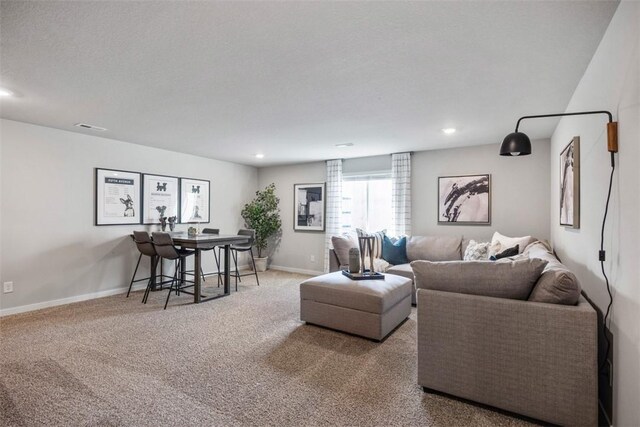 living room with carpet and a textured ceiling