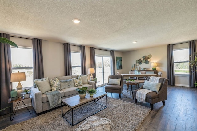 living room featuring dark hardwood / wood-style floors and a textured ceiling