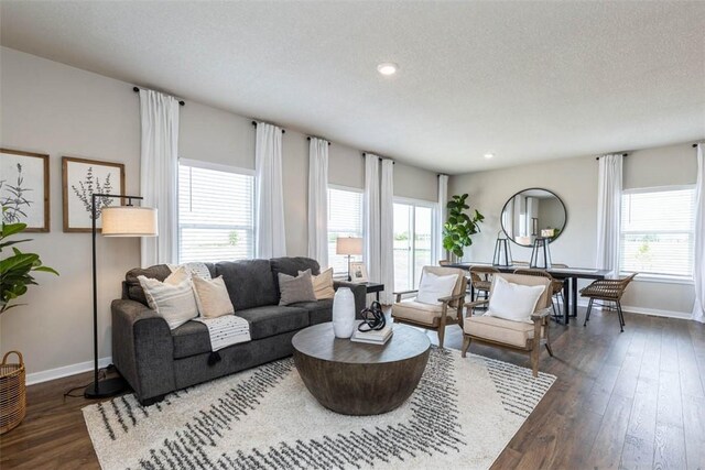 living room featuring plenty of natural light, dark wood-type flooring, and a textured ceiling