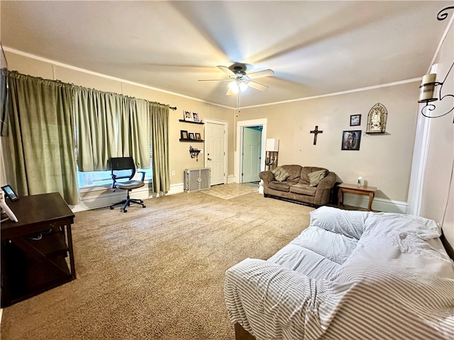 carpeted living room with ceiling fan and crown molding