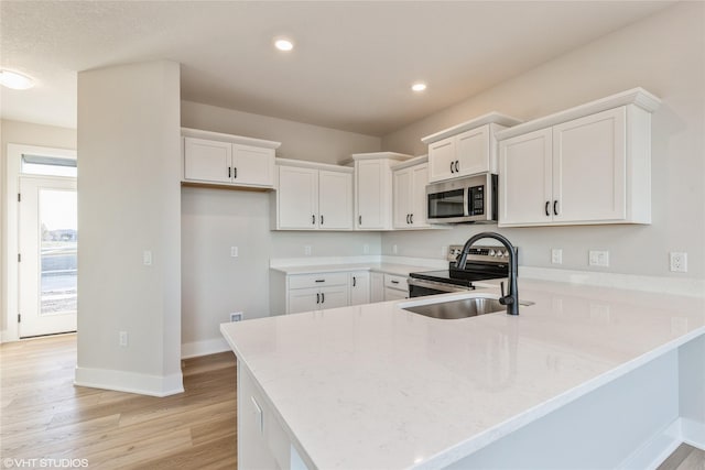 kitchen with white cabinets, sink, light wood-type flooring, appliances with stainless steel finishes, and kitchen peninsula