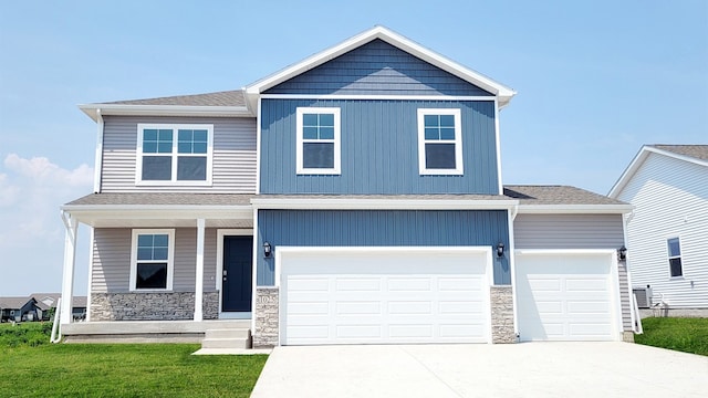 view of front of property featuring central AC, a garage, and a porch