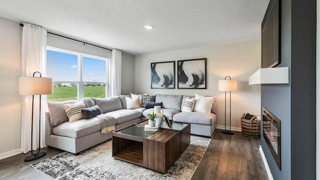 living room with a glass covered fireplace, a textured ceiling, baseboards, and wood finished floors