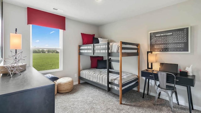 carpeted bedroom featuring visible vents and baseboards