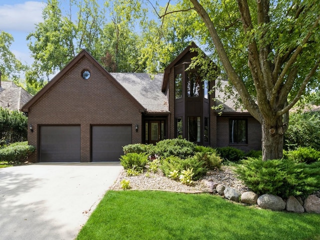 view of front of house featuring a front lawn and a garage