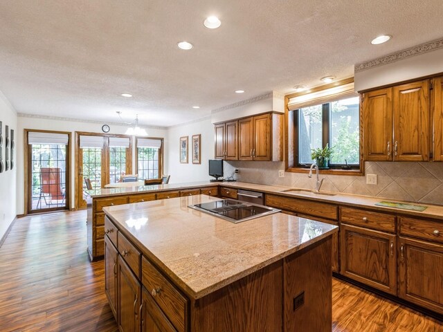 kitchen with sink, kitchen peninsula, dark wood-type flooring, and a kitchen island