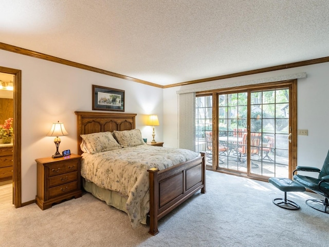 bedroom with a textured ceiling, light carpet, crown molding, and access to outside